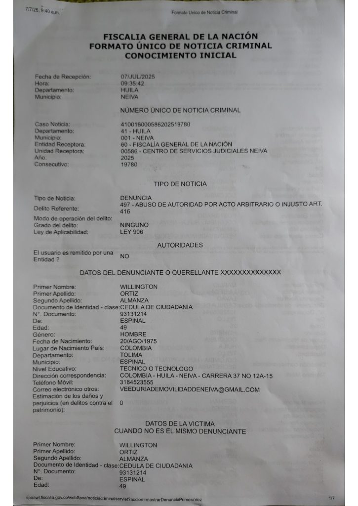denuncia-veeduria-fiscalia_page-0001-725x1024 Presunta Agresión a Veedores de Movilidad por parte de Agentes de Tránsito en Neiva