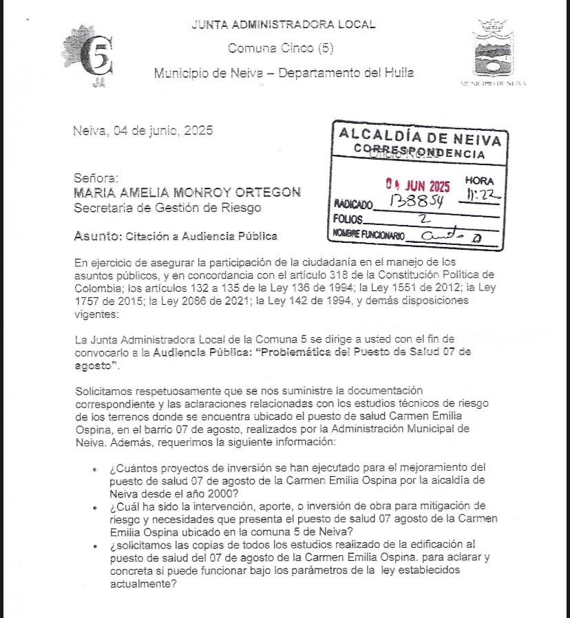 gestion-riesgo-com-5 Comuna 5 denuncia falta de respuesta de dos Secretarías de la Alcaldía de Neiva frente a la crisis del Centro de Salud 7 de Agosto